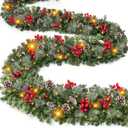 [ Timer & 8 Modes ] 9 Ft by 10 Inch 50 LED Prelit Christmas Garland Decorations Warm White Lights Thick 270 Snowy Tips 70 Red Berry 10 Pinecone Xmas Decor Garland Indoor