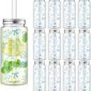 Vesici 12 Pack Beach Plastic Cups with Lid and Straw 13.5 oz Ocean Party Cup Clear Reusable Plastic Tumblers Bulk Blue Seashell Ocean Cold Drink Last Toast on The Coast for Summer Party Birthday