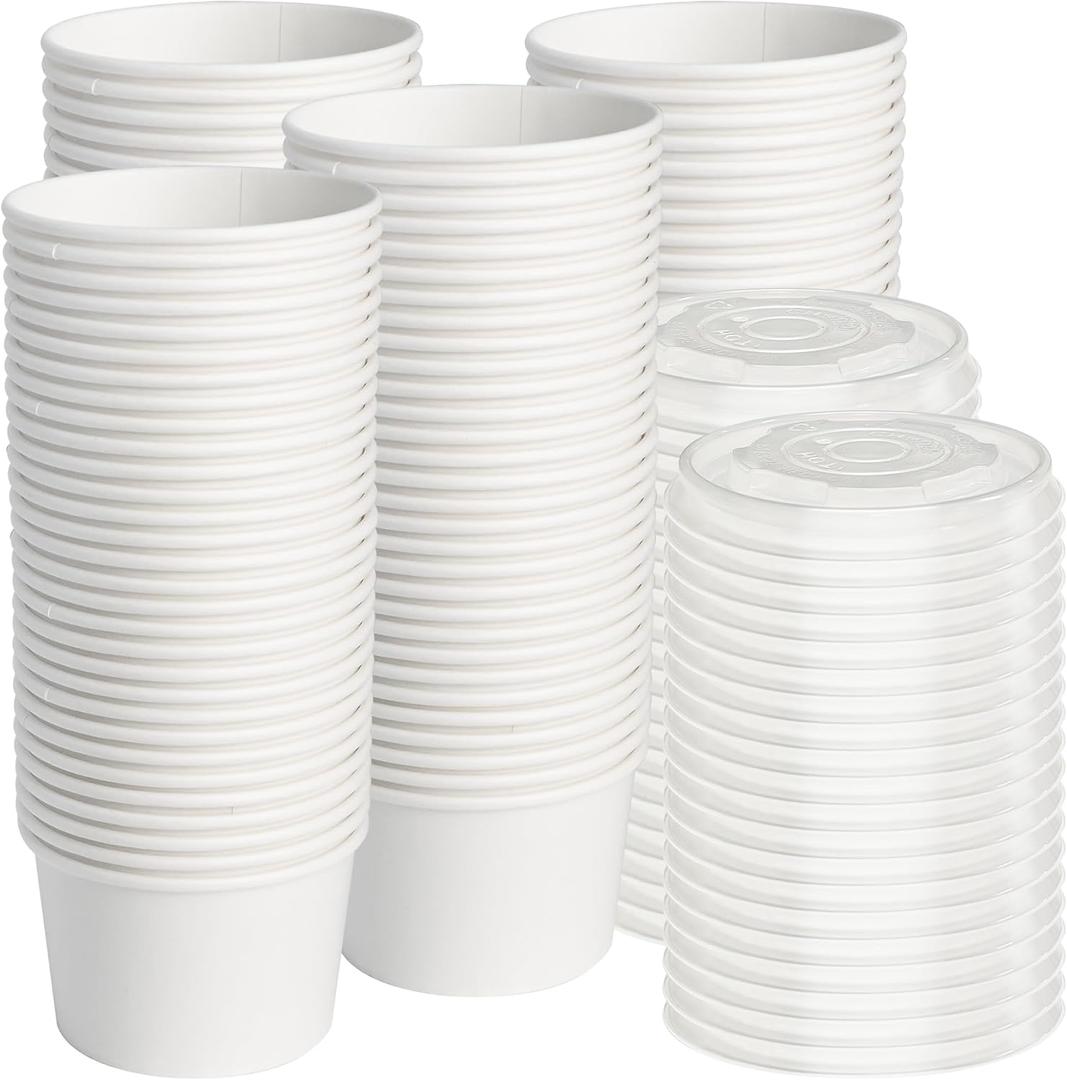 ESSENTIAL Paper Ice Cream Cups with Lids, 120pcs 8oz Disposable Dessert Bowls with Lids for Hot or Cold Food, Paper Snack Containers for Sundae, Frozen Yogurt, Soup (White)