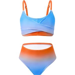 Century Star Girls Swimsuits for Teens Bikini 2025 Solid Teen Bathing Suits Adjustable Straps Swimwear Padded 8-15 Years (10-11 Years, Orange Blue Gradient)