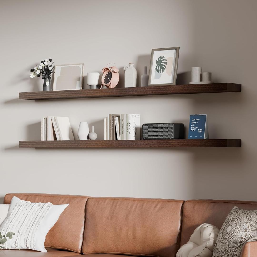 60 inch Long Floating Shelves for Wall,Solid Wood Long Shelves Set of 2,Walnut Rustic Mounted Shelves for Bathroom Bedroom Laundry Room (Walnut, 60 Inch)