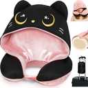 Mewaii Travel Neck Pillow with Hood for Airplanes,Memory Foam,Breathable Ice Silk & Soft Velvet,Double-Sided,Removable to Clean,Adjustable Strap,Portable Travel Pillow for Long Flights Adults & Teens
