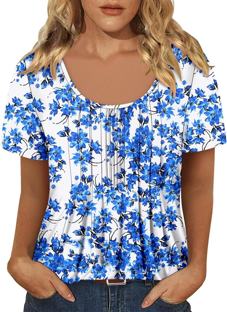 onlypuff Womens Flowy Tunic Tops Short Sleeve Shirts Round Neck Ladies Blouses Summer Fashon Trendy Top (Blue, M)