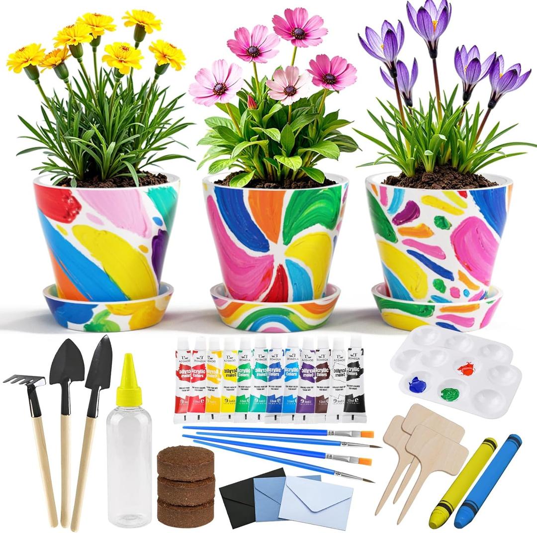 Kids Gardening Set Paint and Plant Flower Gardening Kit with 3 Pots, Kids Garden Flower Growing Kit Arts and Crafts Toys Gifts for Girls Boys Children Toys Gift for Girls Boys Ages 5 6 7 8 9 10 11 12