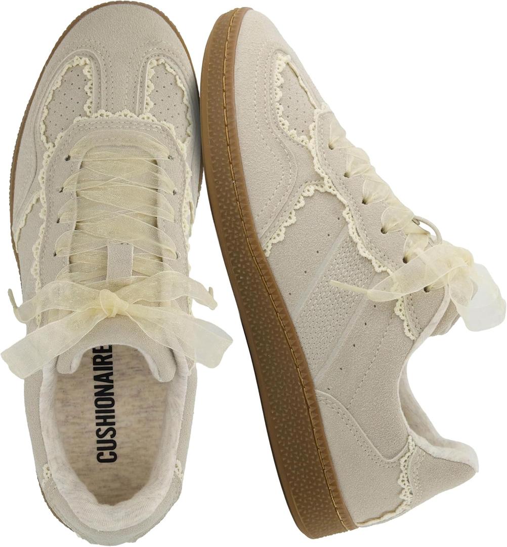 CUSHIONAIRE Belinda Womens Lace Detail Casual Sneakers Elegant Ribbon Lace-Up Shoes with Memory Foam (Gray, L)