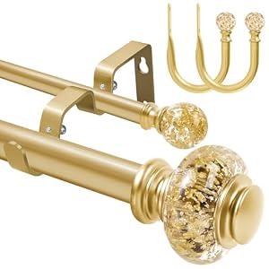 1 Inch Modern Gold Double Curtain Rod Set - Tension rods for windows 28 to 48 inches with Holdbacks and Clear Finials -BHSRODS Home Double Window Rods for Living Room & Bedroom