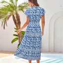 GRACE KARIN Women's Floral Boho Dress Hawaiian Dresse Short Sleeve V Neck Summer Beach Wedding Guest Swing Maxi Sundress (Blue, M)