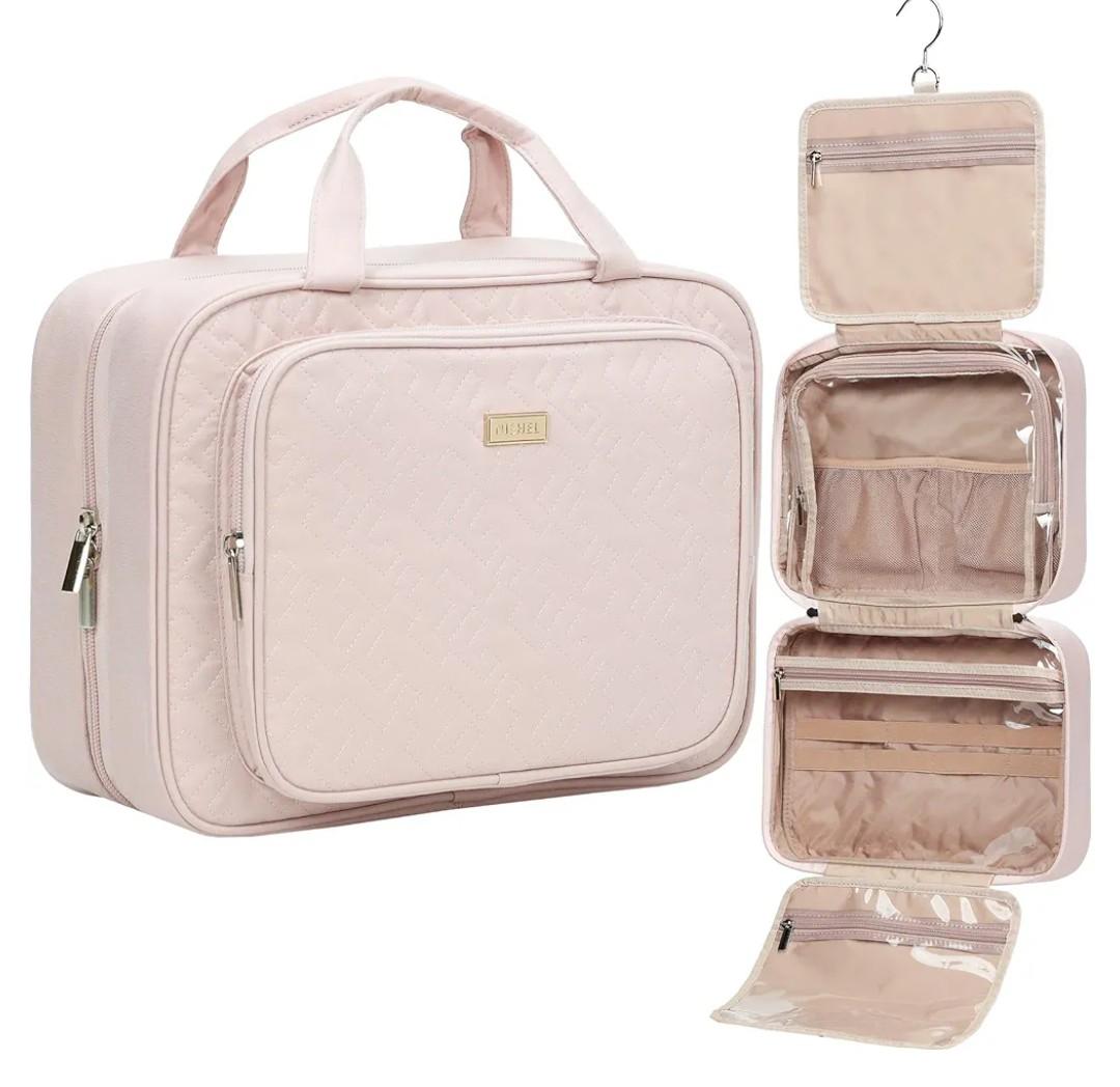 NISHEL Travel Toiletry Bag for Women, Makeup Essentials Organizer, Hanging Case for Accessories, Cosmetics, Large Size, Pink