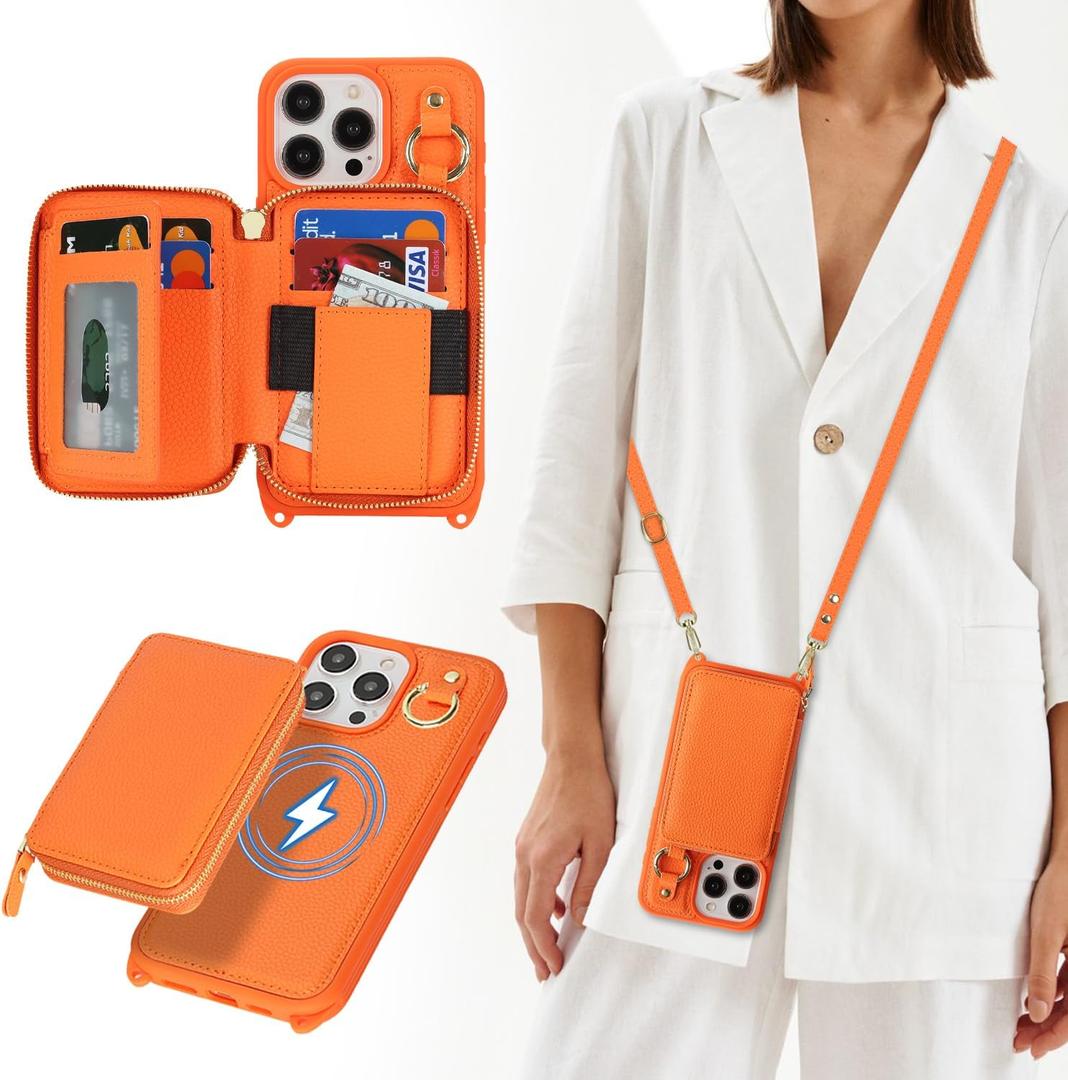 Cavor for iPhone 14 Pro Max Wallet Case with Card Holder for Women Men, for iPhone 14 Pro Max Case with Strap, Crossbody Lanyard Phone Case, Magnetic Detachable Compatible with Magsafe-Orange