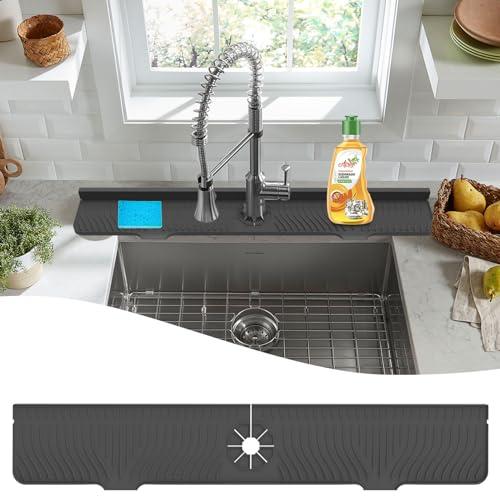 LVJING 33 inch Sink Splash Guard Mat, Sink Faucet Drying Mat, Silicone Faucet Handle Drip Catcher Tray, Longer Silicone Sink Mat for Kitchen Bathroom, Drip Protector Splash Countertop (Black)
