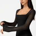QINSEN Women's Sheer Long Sleeve Square Neck Fitted Top Minimalist Mesh Sleeve Blouse for Everyday Black S (Black, S)
