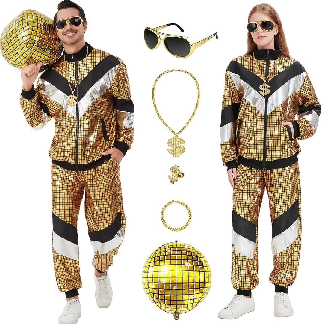 Ezuwail Disco Costume for Men Women  70s 80s 90s Outfits Retro Party Tracksuit, Couples Disco Costumes Halloween Outfit (Small, Gold)