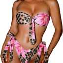 SweatyRocks Women's Bandeau Bikini Set Leopard Floral Thong Bathing Suit Sexy 2 Piece Swimsuit (Large)