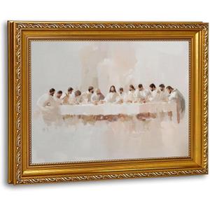 QWETYY666 Gold Framed The Last Supper Wall Art Jesus Last Supper Canvas Wall Decor Christian Picture Print Religious Christ for Living Room Dining Room Church Home Painting Artwork 16x24 inch