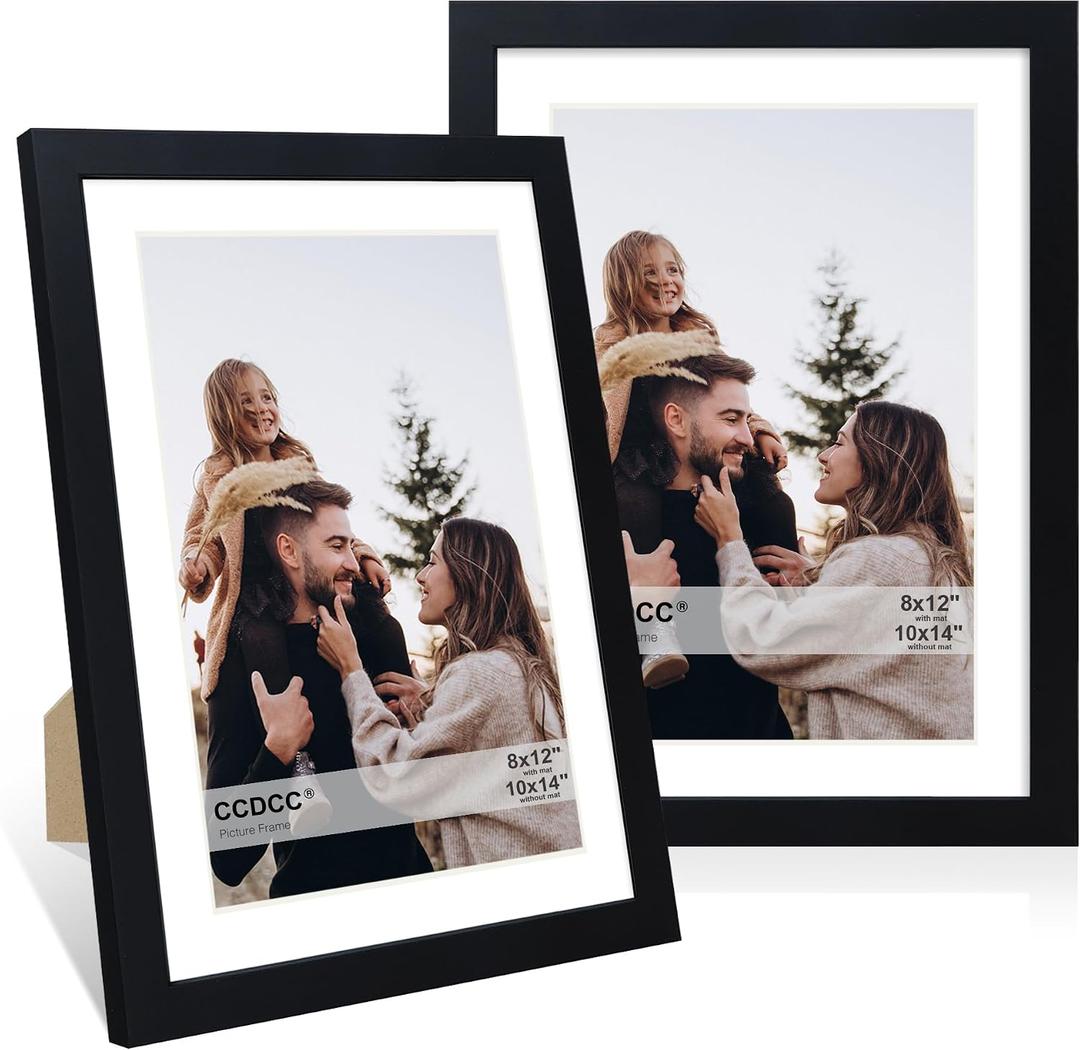 10x14 Picture Frame Set of 2, 10 x 14 Wood Photo Frames with Mat for 8x12 or 30x40cm Diamond Painting Art, Wooden Frame with Real Glass Cover for Wall and Tabletop Display,Black