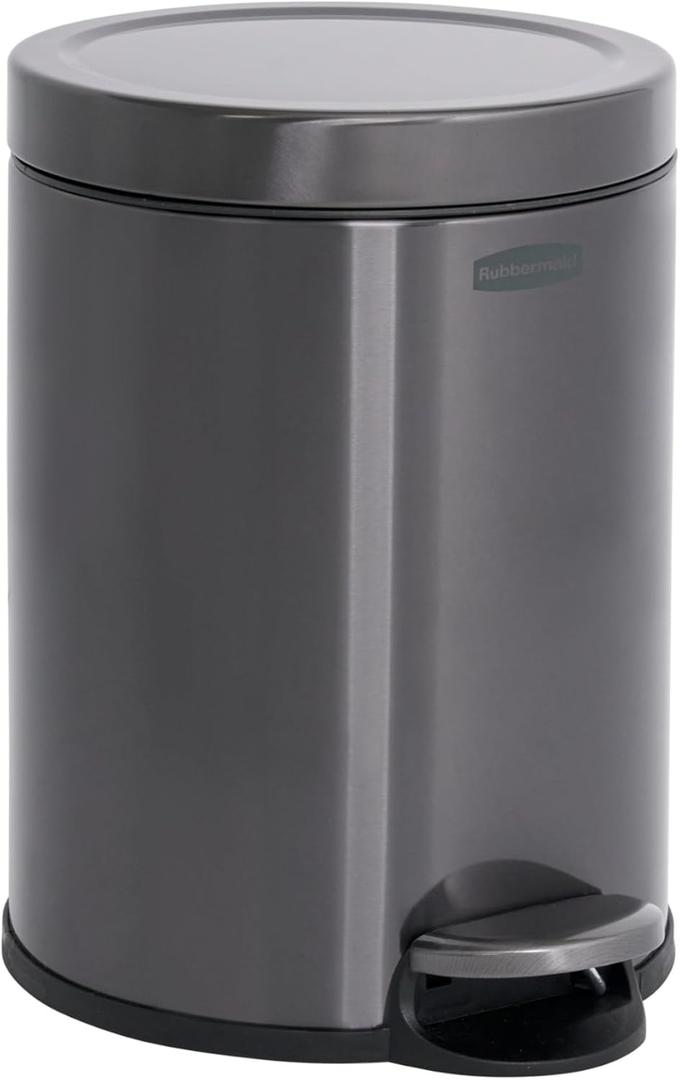 Rubbermaid Stainless Steel Round Step-On Trash Can, 1.6-Gallon, Charcoal, Wastebasket with Lid for Home/Bathroom/Kitchen/Office