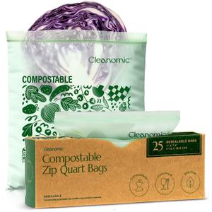 Cleanomic Compostable* Quart Size Food Storage Bags (25 Eco Zip) Freezer and Leak Proof, Snack and Sandwich Size Bags