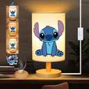 Stitch Bedside Table Lamp for Bedroom, Stitch Gifts - 3 Colors Nightstand Light Lamp, Wood Base Round Flaxen Fabric Shade Desk Reading Lamp for Kids Room, LED Bulb Included, Stitch Stuff Girls Gifts