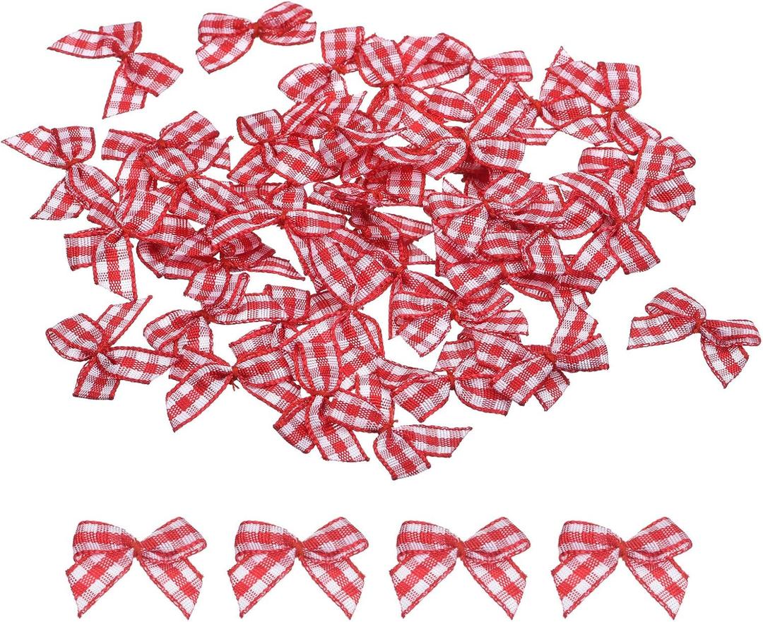 MECCANIXITY 100Pcs Mini Gingham Ribbon Bow 1" Checkered Fabric Satin Ribbon Bows for Craft DIY Hair Bow Sewing Wedding Birthday Party Red and White