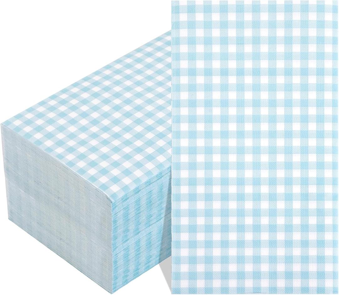 WDF 150Pack Baby Blue Paper Checkered Napkins - 3 Ply Disposable Blue and White Gingham Napkins Guest Dinner Napkins Paper for Bathroom Picnic BBQ Birthday Graduation (Baby Blue Gingham - 150PCS)