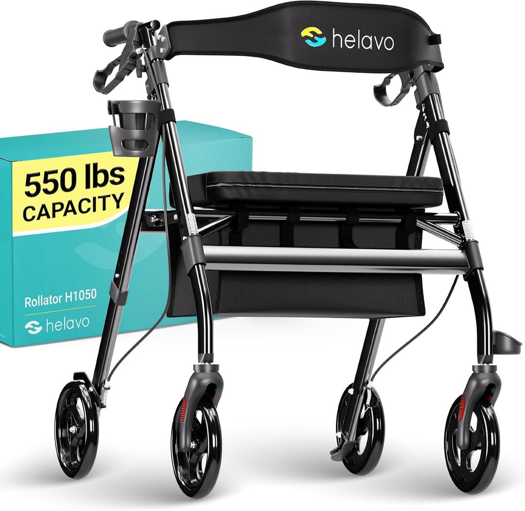 Helavo Bariatric Walker with Large, Height-Adjustable Seat, 550 lbs Weight Capacity, All Terrain 8-inch Wheels, 28-inch Wide - Extra Wide Heavy Duty Rollator for Seniors (Black)