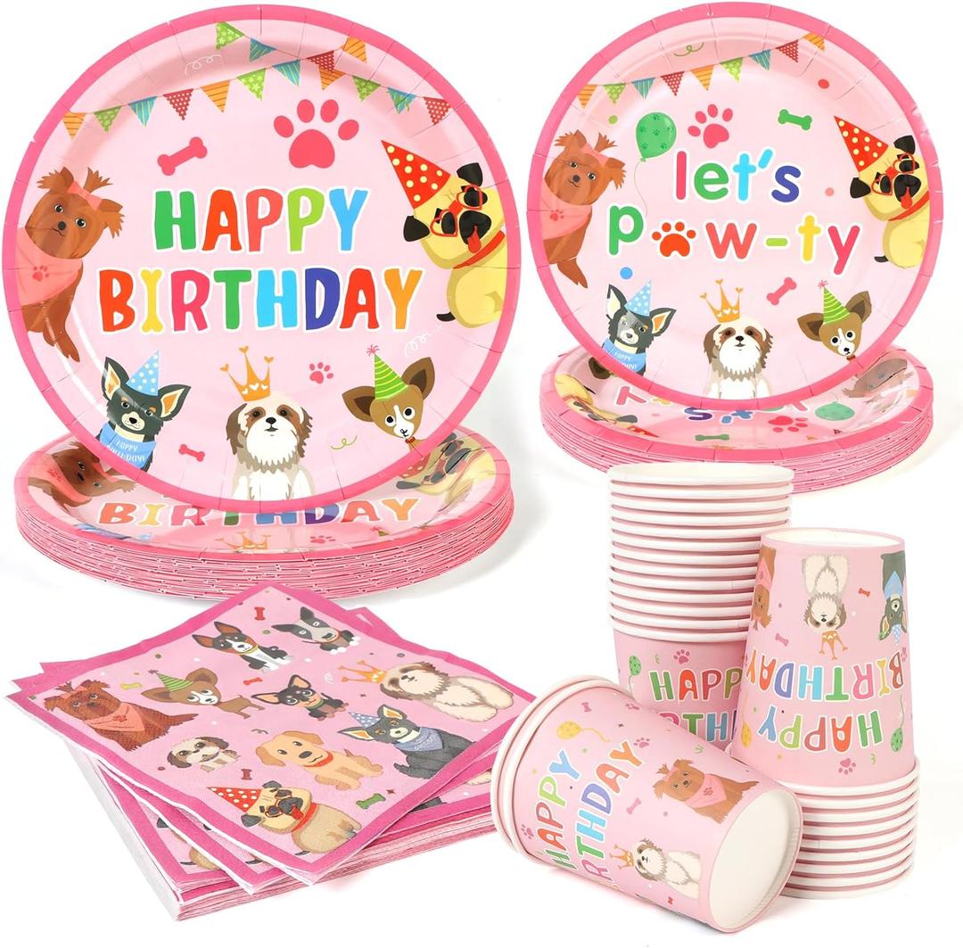 96pcs Dog Birthday Party Supplies Pink Pet Dog Paper and Napkins and Cups Baby Shower Dog Kids Birthday Party Decorations, Serves 24
