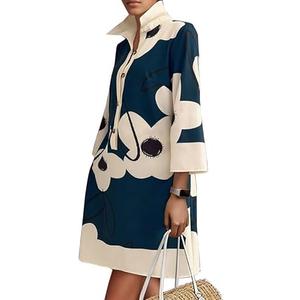 UOOZEE Summer Dresses for Women Casual Shirt Dress 3/ 4 Quarter Long Sleeve Printed Work Dress, Floral, XXL