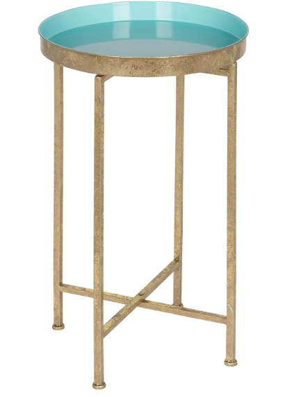 Kate and Laurel Celia Round Foldable Tray Accent Table, 14" x 14" x 25.75", Light Teal and Gold, Modern Minimalist Design and Magnetic Tabletop
