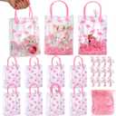 Sweetude 12 Pcs Flamingo Gift Bags with Handle Summer Pink Plastic Clear Party Favor Birthday Gift Bags Transparent PVC Wrap with Raffia Flamingo Shaped Clips