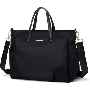 14 Inch Laptop Tote Bag for Women, Lightweight Nylon Work Shoulder Bag, Water-Resistant Computer Handbag with Pockets for Business Travel & Commute (Black)