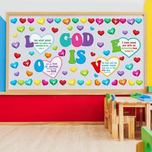 2 x 72 Pcs Christian Bulletin Board Decorations Set God is Love Bulletin Board Decor Jesus Religious Faith Bible Verse Heart Cutouts for Church Sunday School Vbs Chalkboard Home Wall Decor