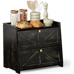 Vintage Double Layer Bread Box for Kitchen Counter Bamboo Bread Storage Container Large Capacity Bread Storage Bin (Antique Black)