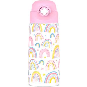 Girls Insulated Water Bottle with Covered Pop-Up Straw,16 oz Kids Cups with Stainless Steel Leak Proof for SchoolRainbow-Pink