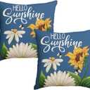 2 x AVOIN colorlife Hello Sunshine Daisy Sunflower Bee Throw Pillow Covers, 18 x 18 Inch Summer Party Holiday Blue Cushion Case Decoration for Sofa Couch Set of 2