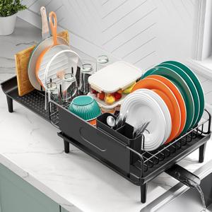Large Extendable Dish Drying Rack, 16.93" to 26.57" Expandable Dish Rack for Kithen Counter, with Multifunctional Drainboard, Fits Any Sink, Heavy-Duty Steel Plate Drainer for Countertop Organization