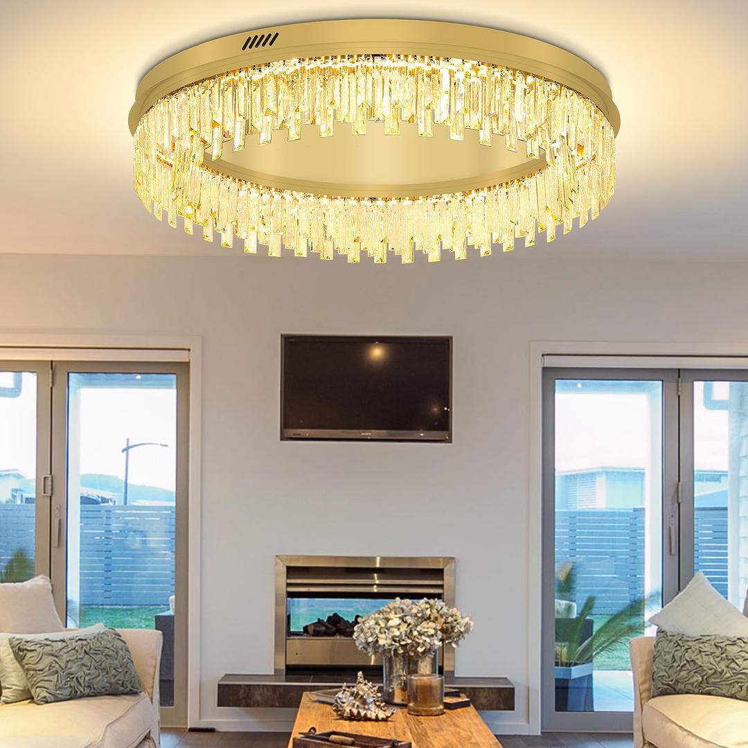 Modern Crystal Chandelier for Living Room Flush Mount Ceiling Light for Dining Room Gold 32in