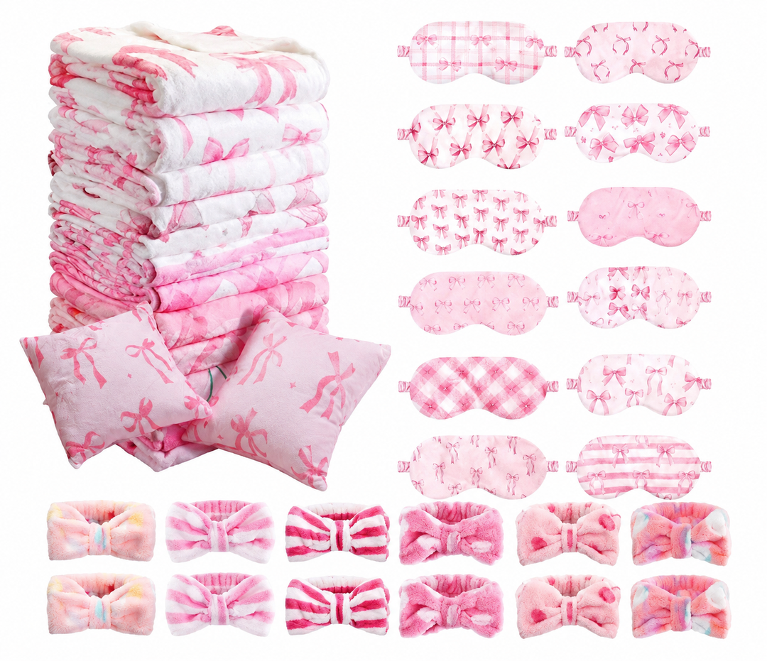 Fanfanwin 36 Pcs Sleepover Party Supplies for Girls, 12 Style Cute Pink Bow Blanket, 12 Pillows, 12 Coral Fleece Spa Headband 12 Plush Pink Eye Mask Cover for Slumber Sleepover Spa Party Gift(Cute)