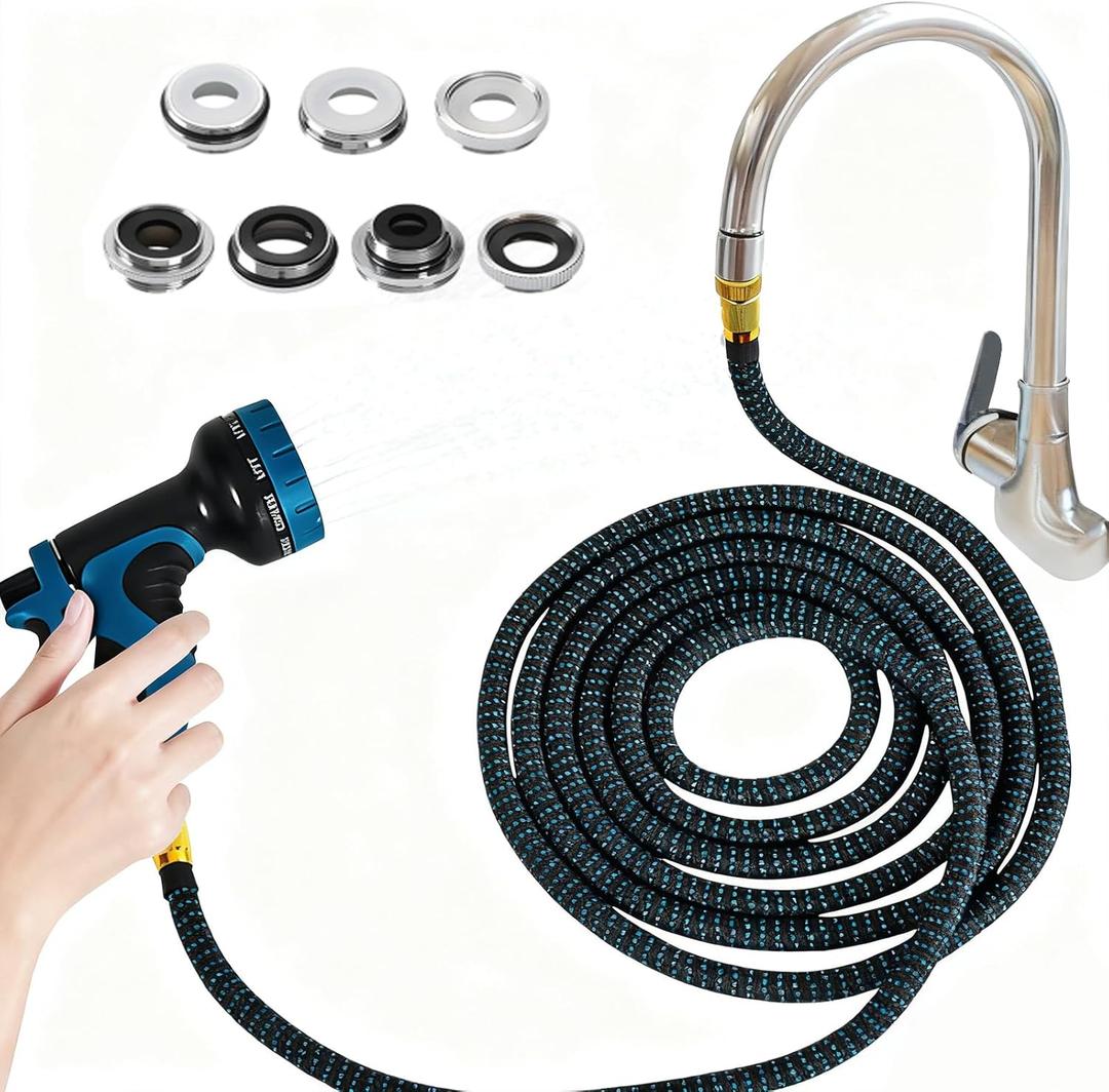 Indoor Sink Hose Attachment for Faucet - (25 FT) Faucet Hose with 7 Adapters for Kitchen Sink Bathroom Sink Faucet, Watering Houseplants, Washing Pets, Household Cleaning, Car Washing