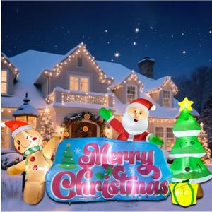 9.2 FT Inflatables Merry Christmas Banner with Santa, Gingerbread Man & Christmas Tree, Blow Ups Outdoor Inflatables Sign with Build-in LEDs for Lawn Yard Winter Holiday Xmas Party Decor