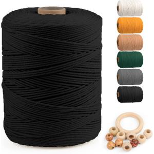 Macrame Cotton Cord 3mm x 547yds, ZUEXT Natural Handmade Black Braided Cords 4 Strands Knitted Rope String for Craft Wall Hanging Weaving Tapestry Dream Catchers Hanger DIY Gift (500m)