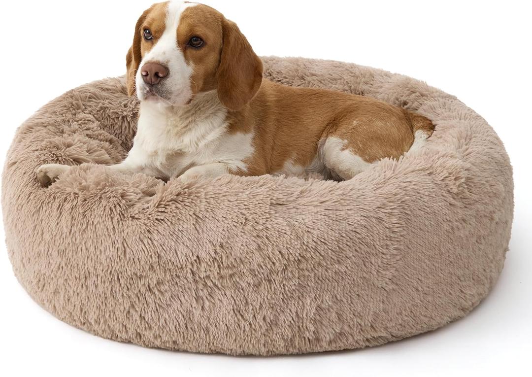 Bedsure SupportMax Calming Dog Bed Medium Size Dog - 30in Donut Round Washable Medium Pet Bed,Anti-SlipRemovable Cover,420GSM Anti-Anxiety Fluffy Plush Faux Fur,Fits up to 45 lbs Pets (Camel)