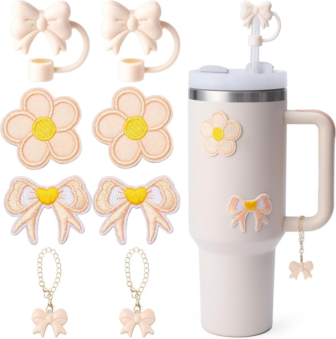 2 x 8PCS Stanley Cup Accessories, Stanley Accessories | 2PCS Silicone Bow Straw Toppers, 2 Cute Bow Handle Charm, 2PCS Water Bottles Bufferfly Patches Self-Stickers Accessories Decor (Beige-Butterfly)