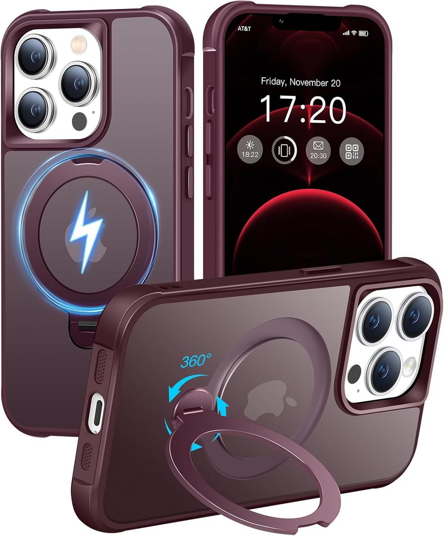 HuwaiH 360 Rotatable Magnetic Ring Stand for iPhone 12 pro max/13 pro max Case, Compatible with MagSafe, Military-Grade Shockproof, Anti-Scratch Matte Translucent Phone Case (Burgundy)
