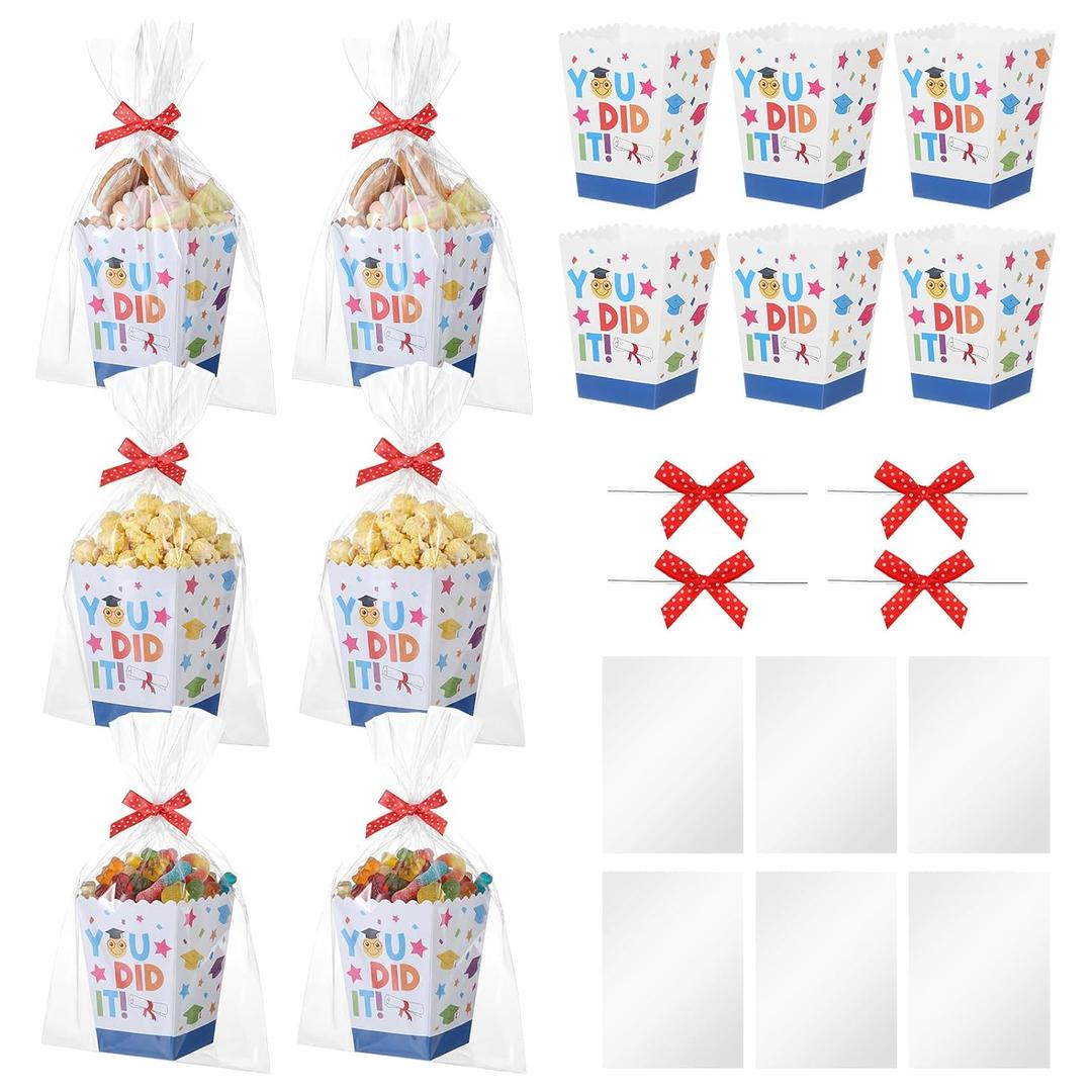 Tenceur 24 Set Graduation Popcorn Boxes Preschool Grad Gift Boxes Elementary Kindergarten Popcorn Paper Movie Night Bucket Treat Container with Plastic Bag and Ribbon for Candy Cookie Party Decoration
