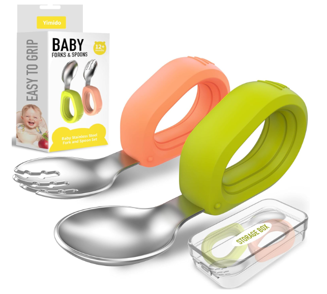 Yimido Toddler Utensils  Baby Forks and Spoons Set  Kids Stainless Steel Silverware  Children Safe  Self Feeding  Dishwasher Safe (Orange + Green)