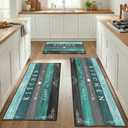 Turquoise Teal Grey Kitchen Rugs Sets of 3, Non Slip Washable Farmhouse Kitchen Mats for Floor, Wooden Vintage Rustic Area Runner Rug for Laundry Room and Hallway