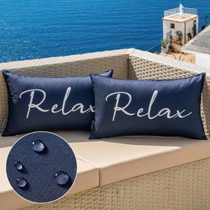 MIULEE Outdoor Waterproof Throw Pillow Covers Set of 2 Relax Decorative Outdoor Rectangular Pillowcases for Chair Patio Garden Couch Tent Balcony Sofa Navy Blue 12x20 Inch