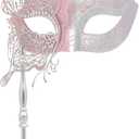 Coddsmz Masquerade Mask with Stick Mysterious Venetian Mask Butterfly Mask Women Halloween Party Prom Ball Mask (Pink)