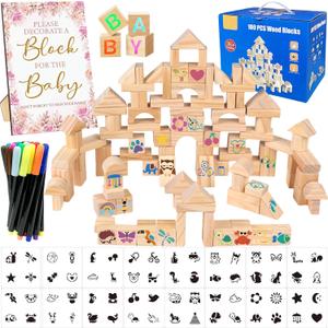141 Pcs Baby Shower Game Sign Set Includes Decorative Square Signs 100 DIY Blank Wooden Blocks 20 Paint Markers (Flower)