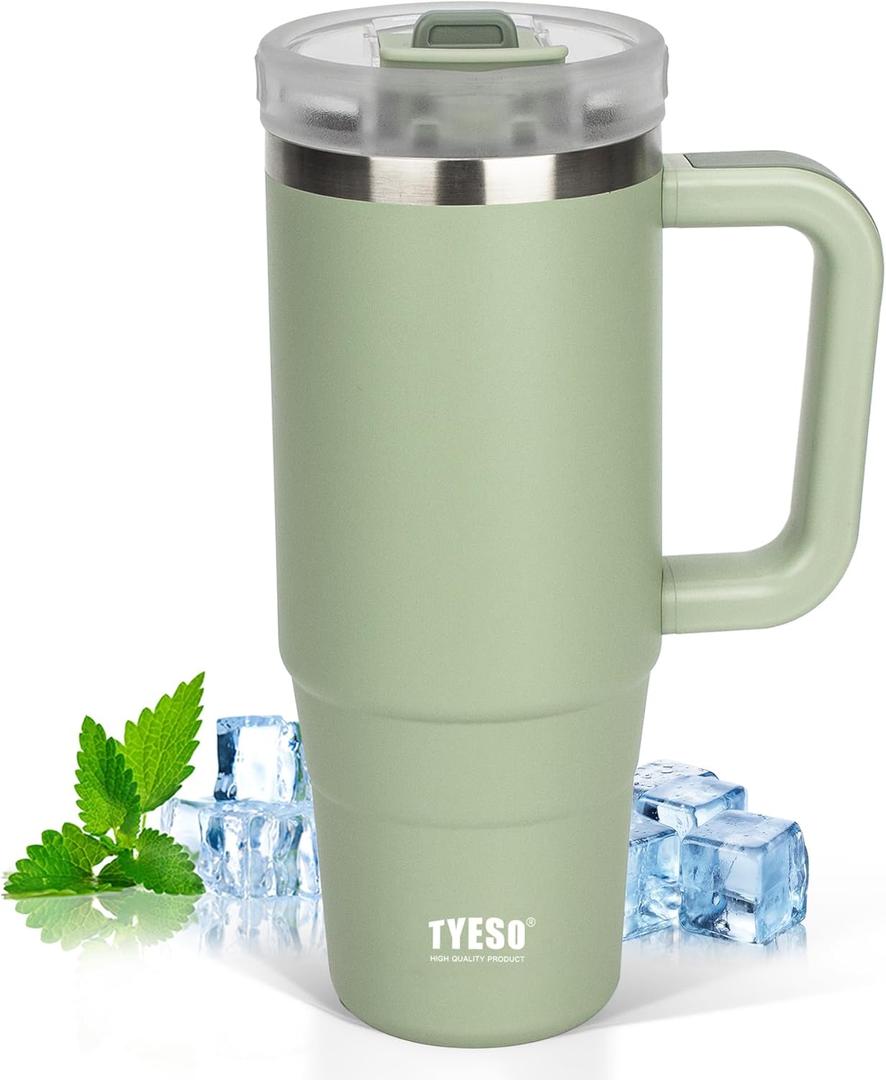 Tyeso 30 oz Tumbler with Handle, Straw and Lid - Leak Resistant Insulated Stainless Steel Water Bottle, Car Cup Holder Friendly Travel Coffee Mug Green - Gifts for Men & Women